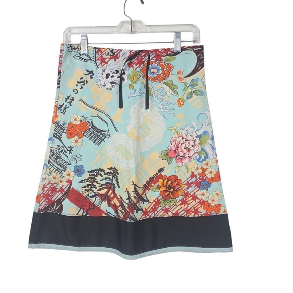 Magnolia Twist Skirt Womens S Blue Asian Dragon Pagoda Floral A-Line Art To Wear
